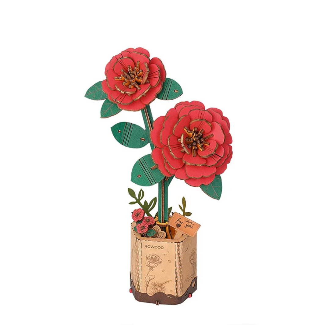 Camelia Roja de Madera Rolife 113 Piezas | Red Camellia Rompecabezas 3D Decorativo