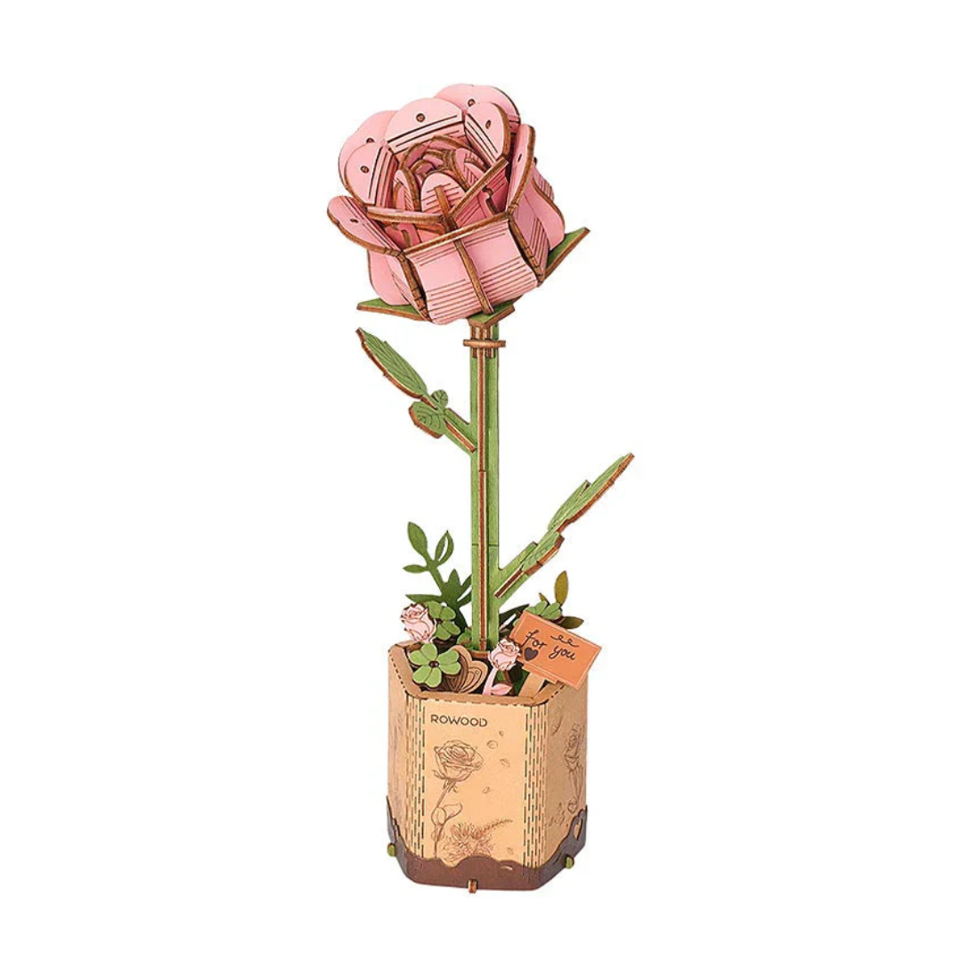 Rosa Rosada de Madera Rolife 104 Piezas | Pink Rose Rompecabezas 3D Decorativo