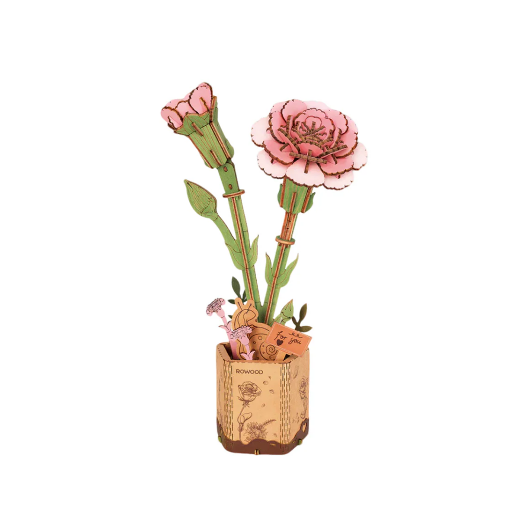 Clavel Rosa de Madera Rolife 104 Piezas | Pink Carnation Rompecabezas 3D Decorativo