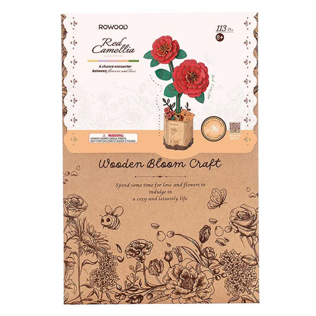 Camelia Roja de Madera Rolife 113 Piezas | Red Camellia Rompecabezas 3D Decorativo