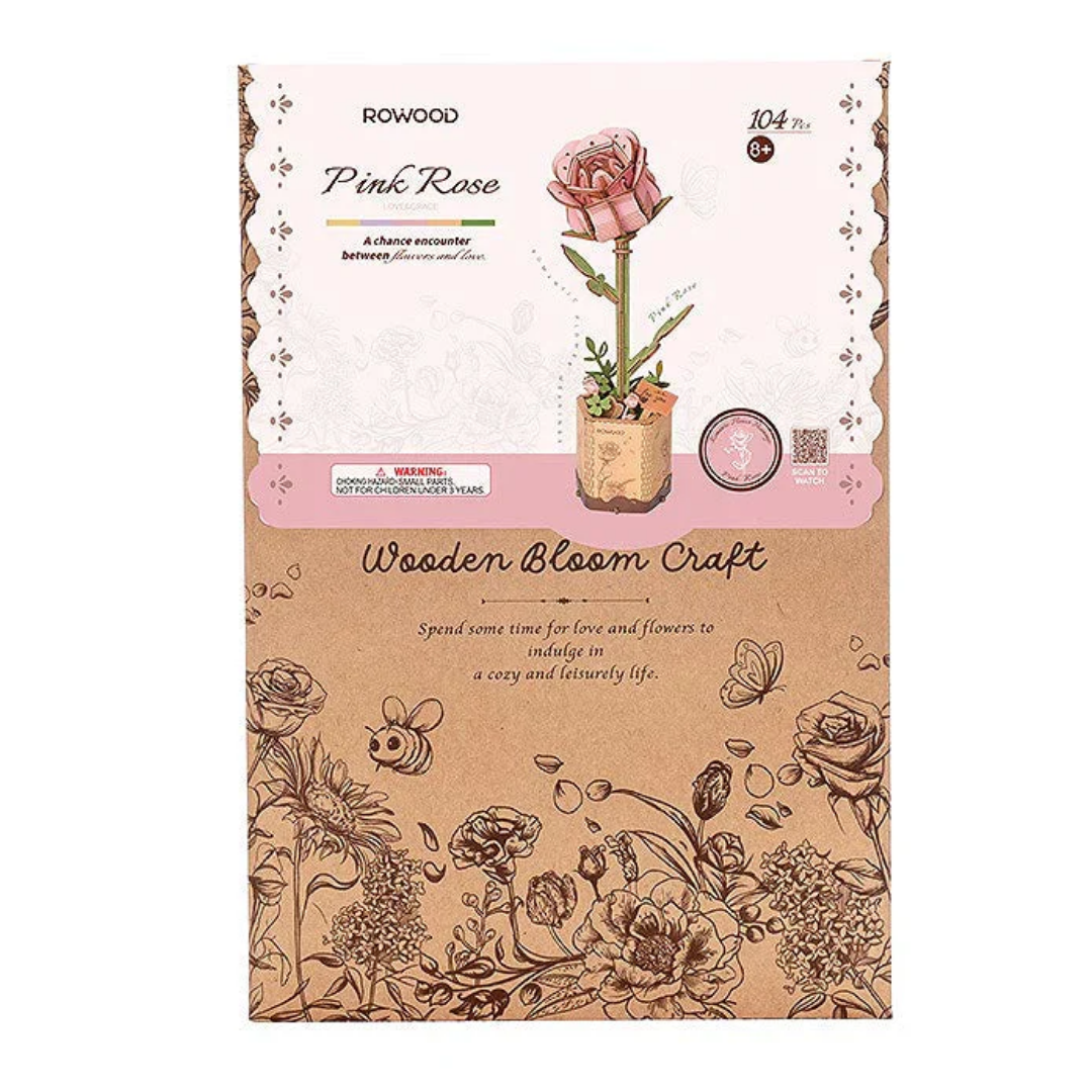 Rosa Rosada de Madera Rolife 104 Piezas | Pink Rose Rompecabezas 3D Decorativo