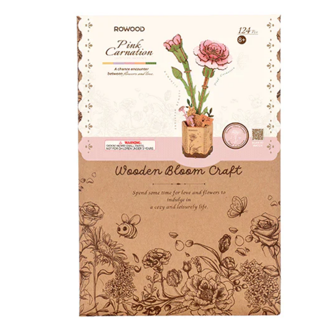 Clavel Rosa de Madera Rolife 104 Piezas | Pink Carnation Rompecabezas 3D Decorativo